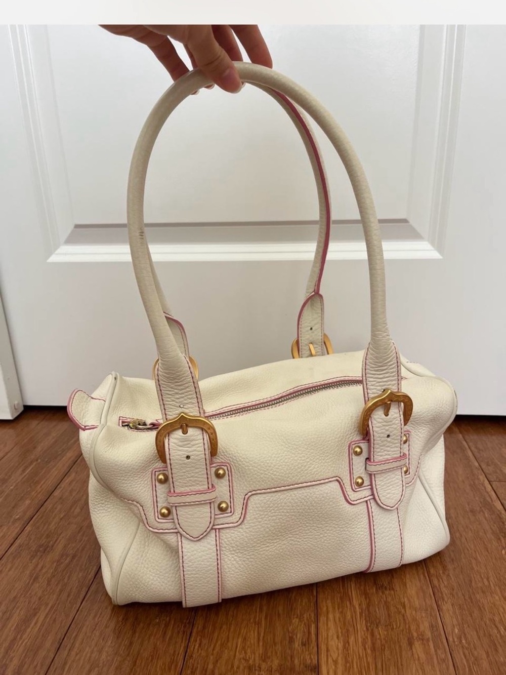 Dooney & Bourke Cream Leather Shoulder Bag with Pink Trim